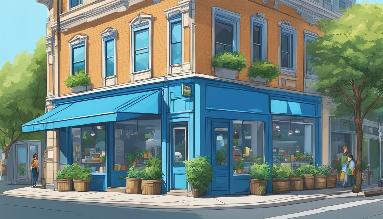 A bustling storefront with a bright blue sign, surrounded by greenery and a clear blue sky