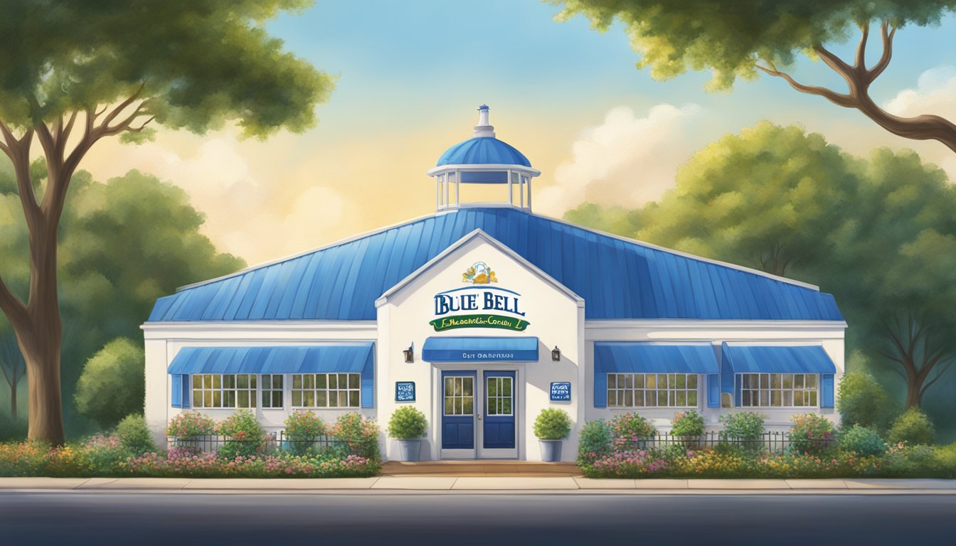 A sunny day at Blue Bell Creameries in Brenham, TX. A quaint, white building with a blue bell logo, surrounded by lush green trees and a clear blue sky