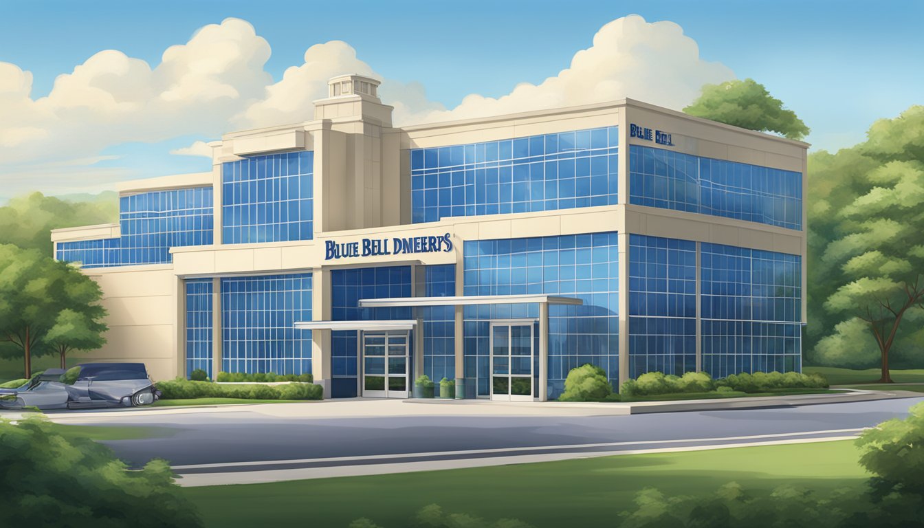 The Blue Bell Creameries headquarters, a modern building with a sleek blue and white exterior, surrounded by lush green trees and a clear blue sky