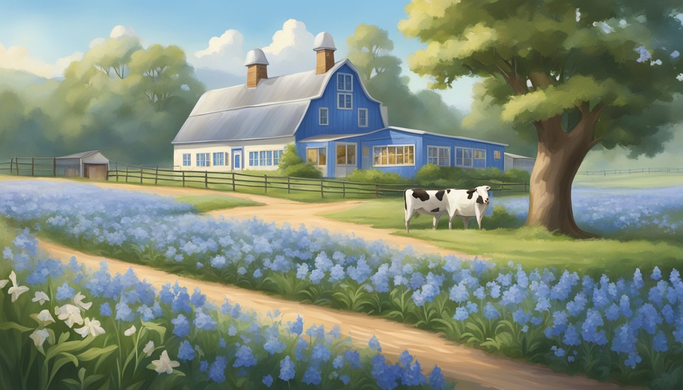 A serene countryside setting with a picturesque blue bell flower field, a quaint creamery building, and a range of Blue Bell dairy products on display