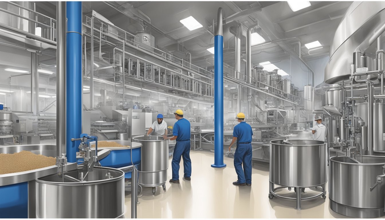 Machinery churns and fills containers at Blue Bell Creameries, while workers monitor the production line