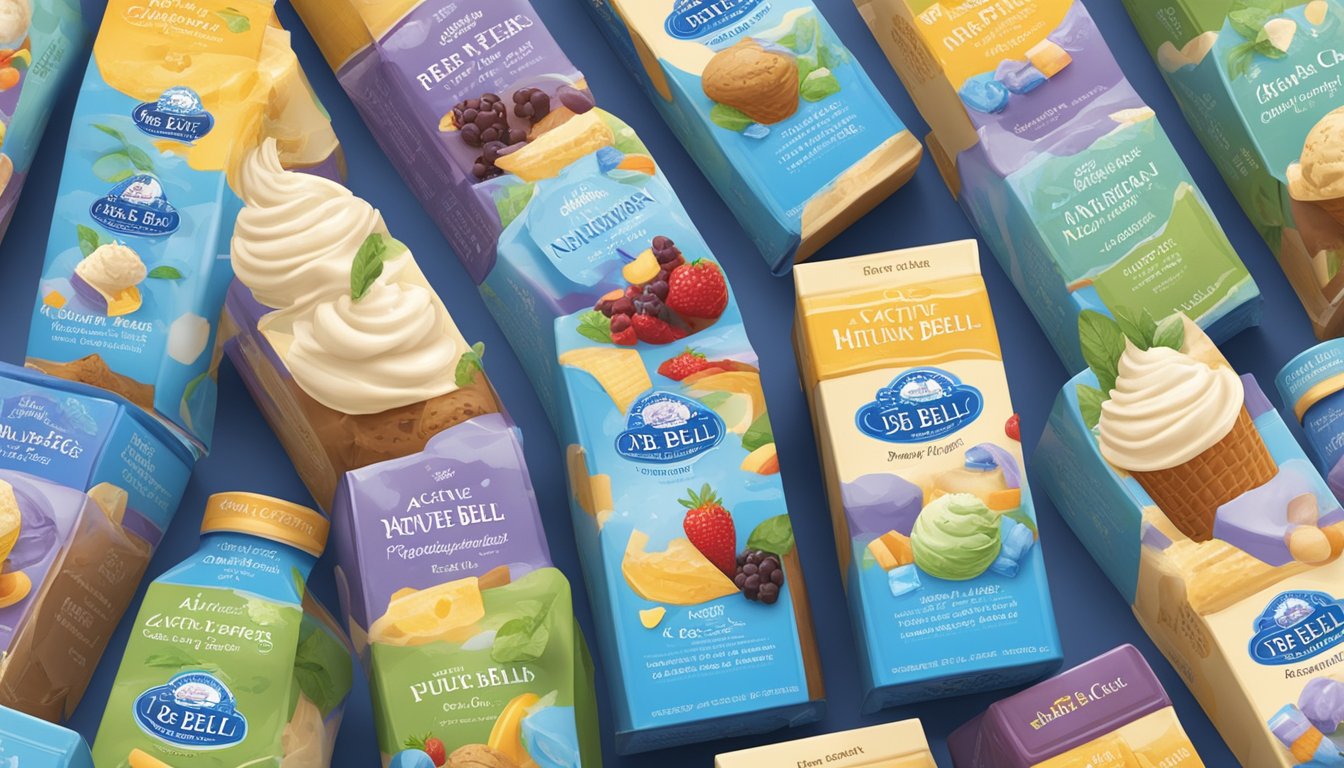 A colorful display of Blue Bell ice cream cartons with nutritional labels, surrounded by images of fresh ingredients and happy, active people