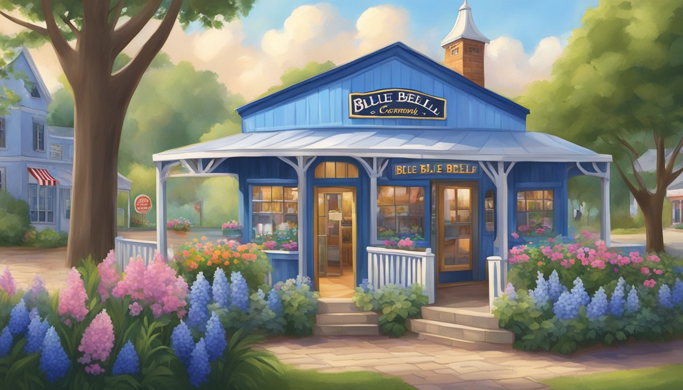 A cozy blue bell creamery nestled in a charming town, with a colorful sign and lush greenery surrounding the building