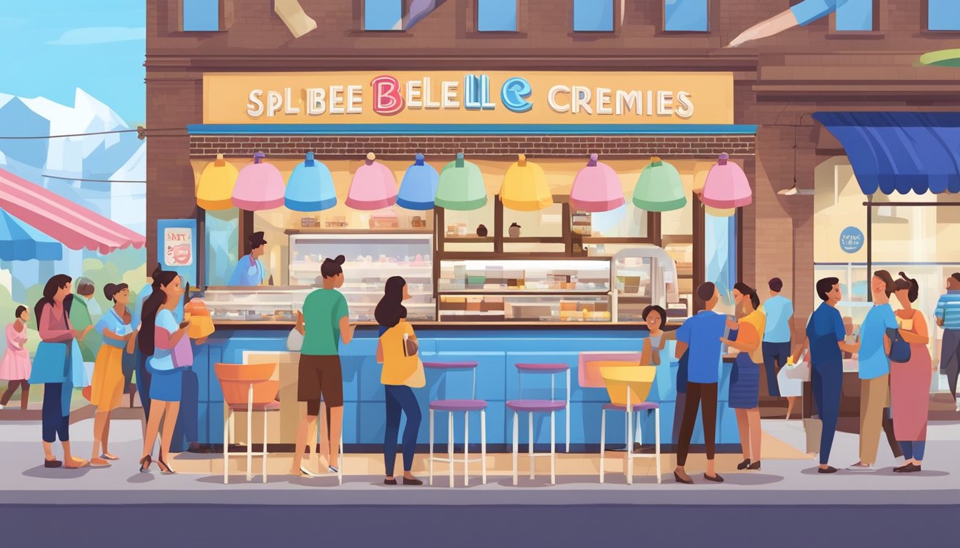 A bustling ice cream shop with a prominent "Blue Bell Creameries" sign, surrounded by colorful branding and a line of customers