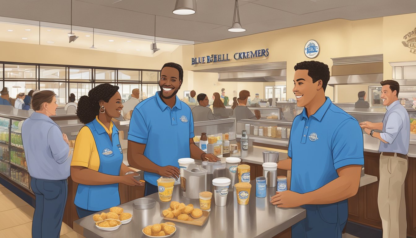 The bustling lobby of Blue Bell Creameries headquarters, with customers sampling new flavors and engaging with staff at the tasting bar