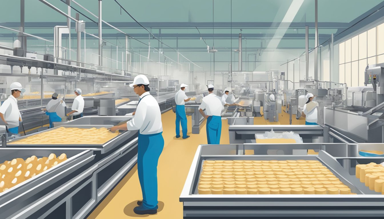 A bustling factory floor at Blue Bell Creameries in Brenham, with workers overseeing production and quality control of the ice cream