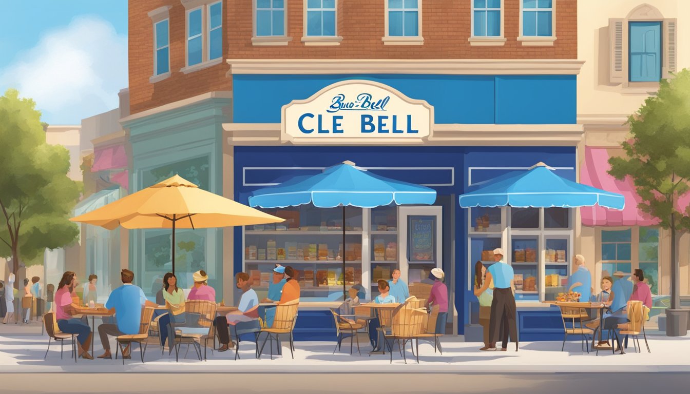 A vibrant storefront with a large, colorful sign and enticing displays of Blue Bell ice cream products. Outdoor seating area with happy customers enjoying their treats