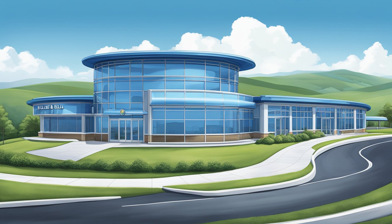 The futuristic headquarters of Blue Bell Creameries, featuring sleek architecture and a prominent blue color scheme, stands against a backdrop of green rolling hills and a clear blue sky