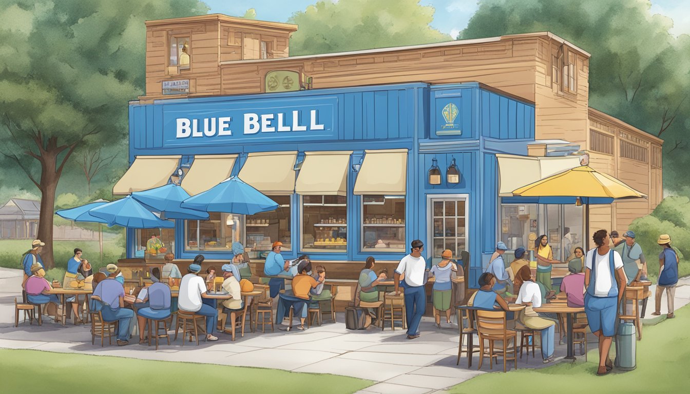 A bustling blue bell creamery with a line of customers, colorful signage, and a cheerful outdoor seating area