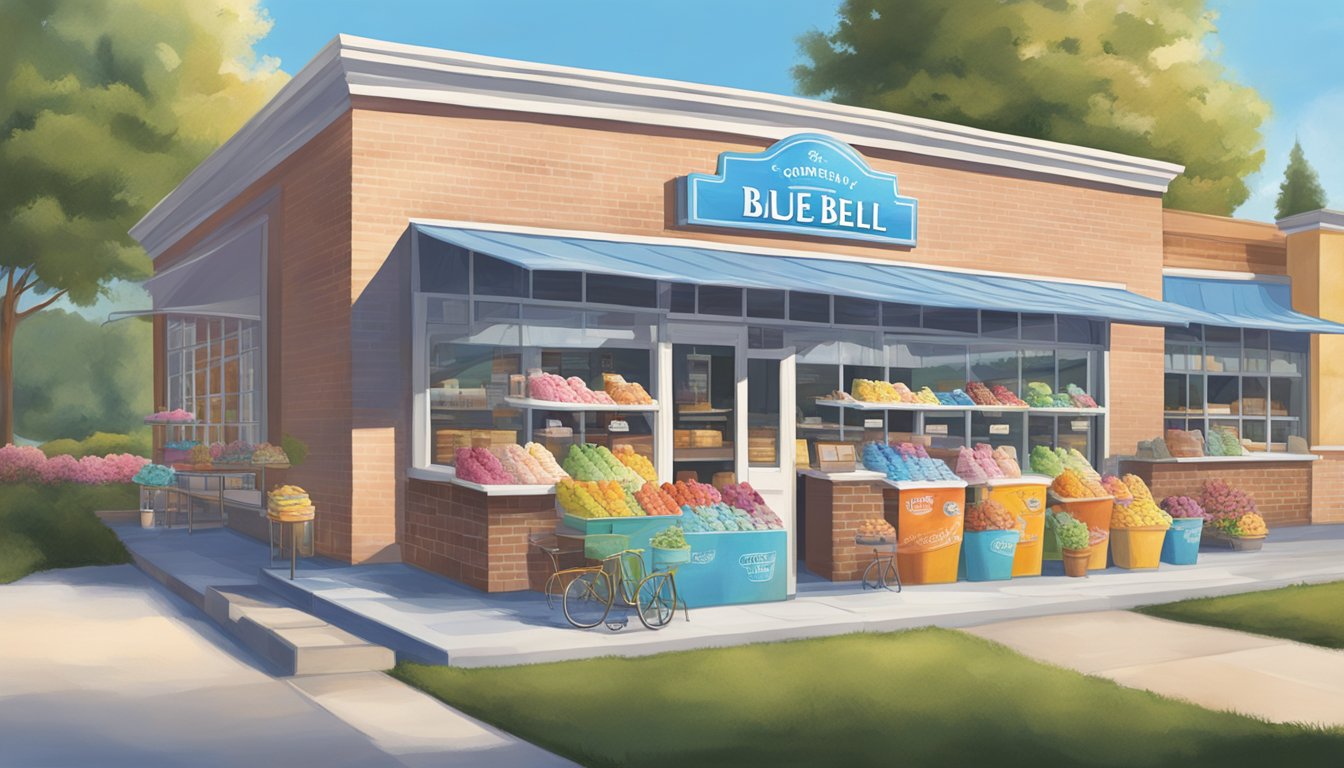 A sunny day at the Blue Bell Creameries in Sylacauga, AL, with a colorful array of ice cream products on display