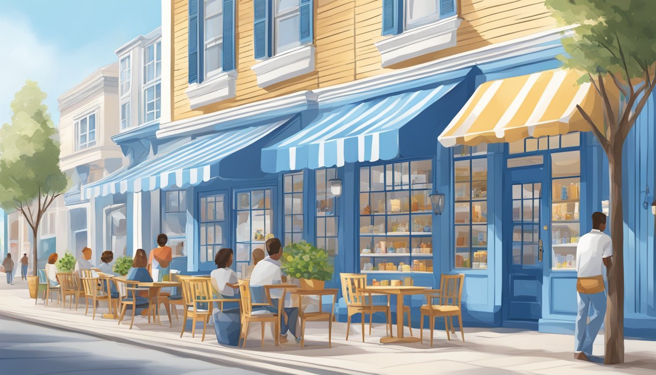 A bright, welcoming storefront with a line of customers outside, a cheerful blue and white color scheme, and an inviting outdoor seating area