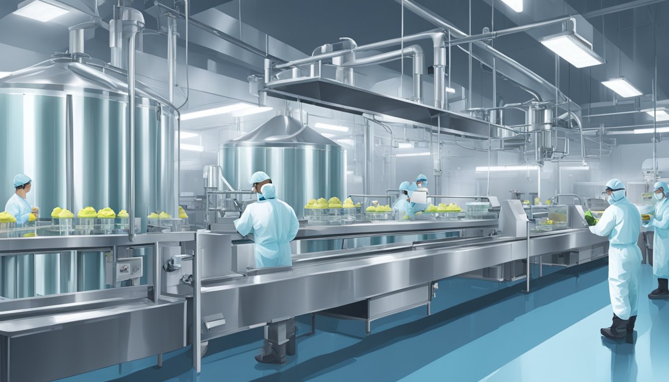 A sterile, industrial ice cream production facility with workers in protective gear inspecting machinery and conducting tests for contamination