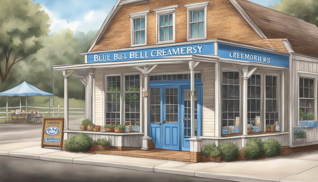 A quaint creamery in Sylacauga, Alabama, with a vintage storefront and a sign bearing the Blue Bell Creameries logo