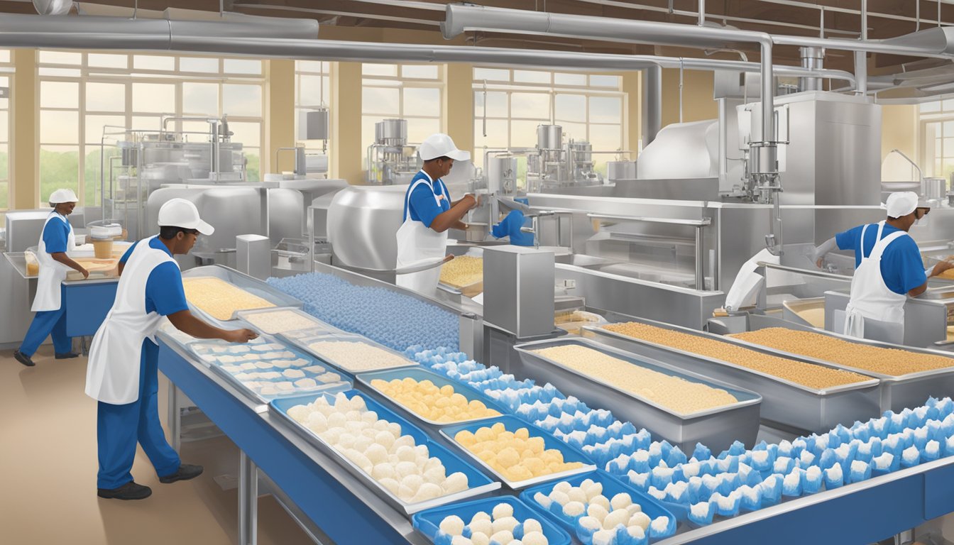 A bustling ice cream factory in Sylacauga, Alabama, with workers packaging various flavors of Blue Bell Creameries products