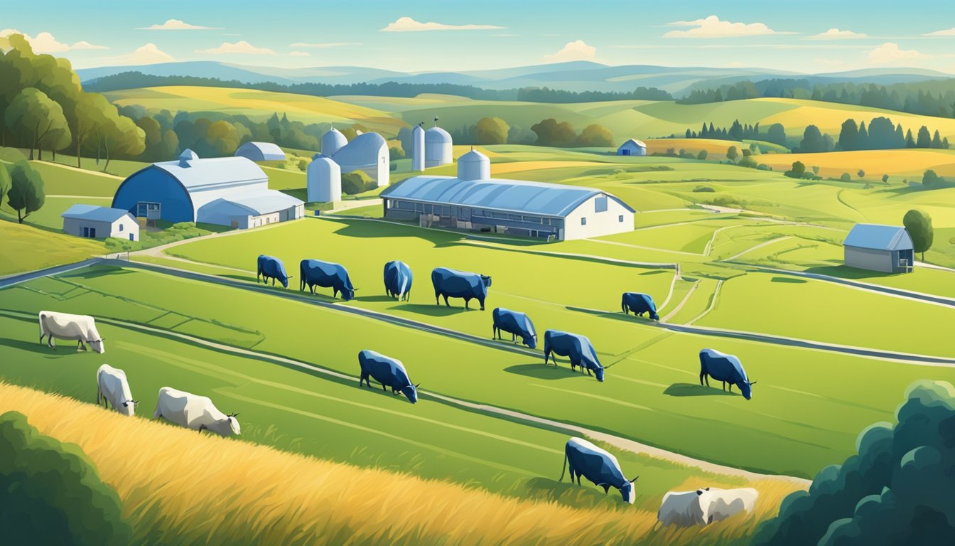 A sprawling dairy farm with a prominent blue bell-shaped creamery at its center, surrounded by fields of grazing cows and rolling hills