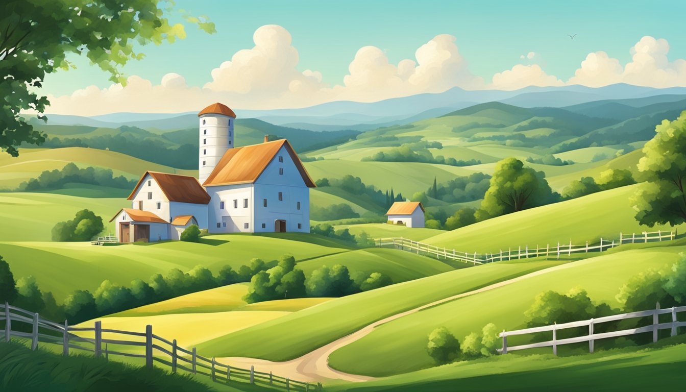 A serene countryside landscape with a picturesque creamery nestled among rolling hills, surrounded by lush green pastures and a clear blue sky