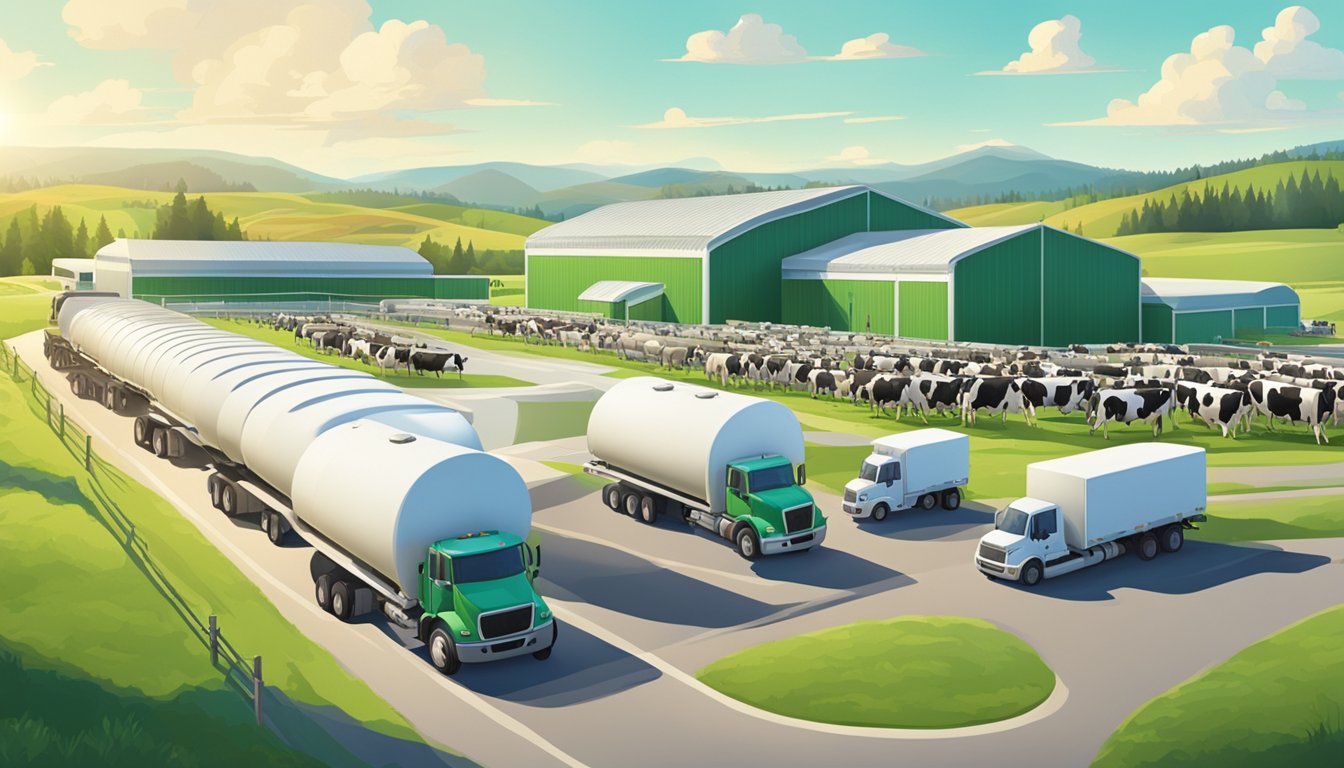 A sprawling dairy farm with rows of cows grazing in the green pastures, a modern creamery building in the background, and a fleet of delivery trucks lined up ready for distribution