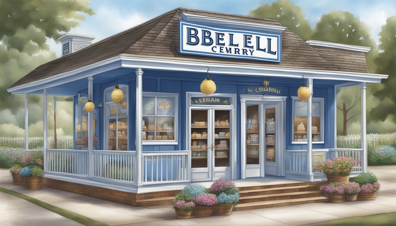 The charming ice cream parlor and country store in Sylacauga, Alabama, features a quaint blue bell creameries logo and a welcoming storefront