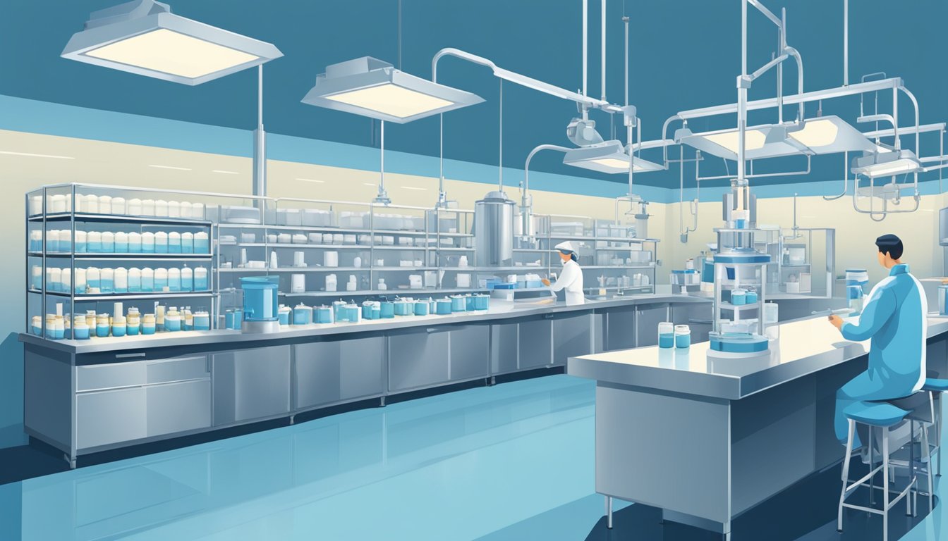 A sterile laboratory setting with stainless steel equipment and shelves of dairy products. Quality control inspectors examine and test Blue Bell Creameries products for safety and quality