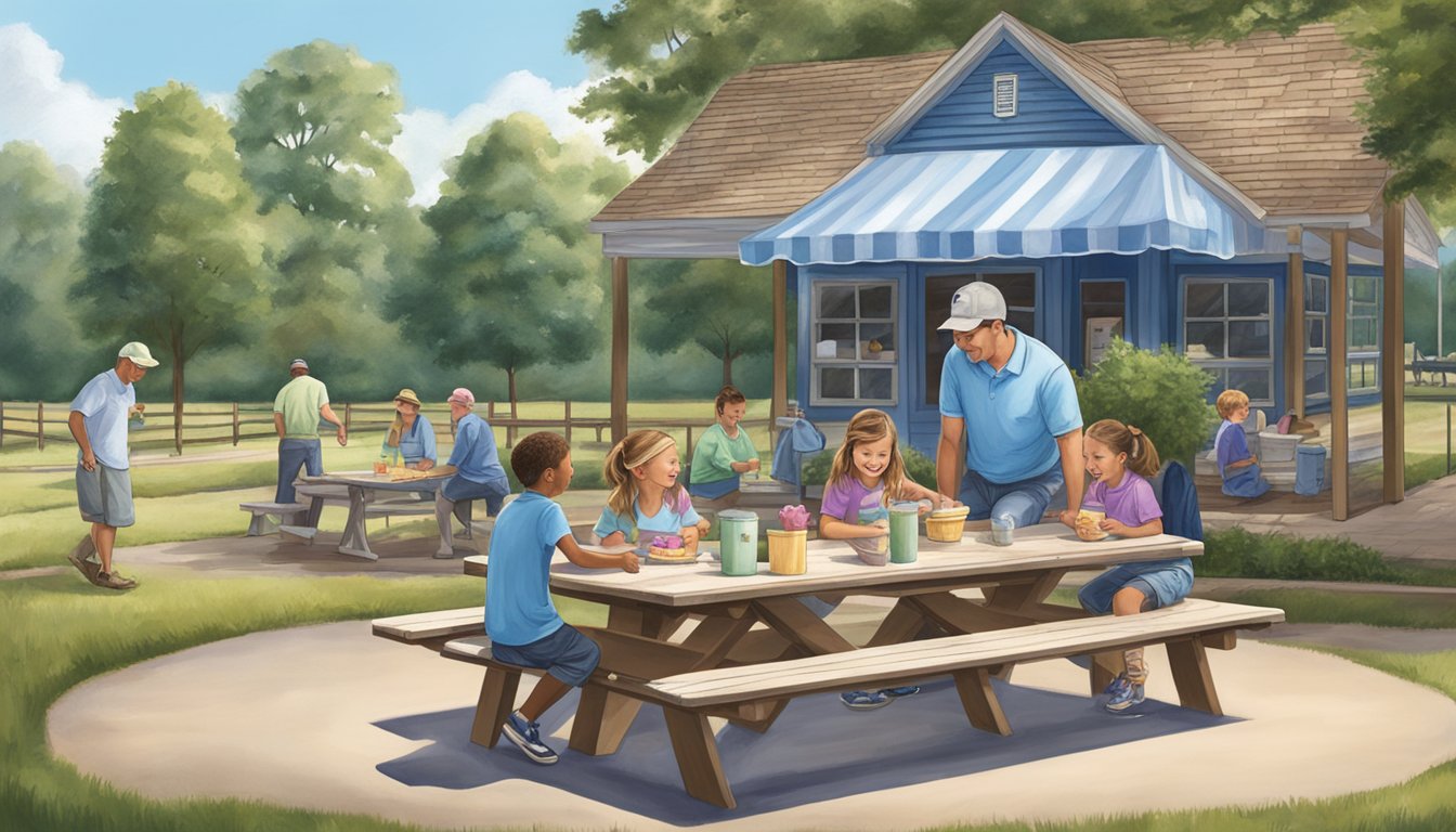 A family enjoying blue bell ice cream at a picnic table outside the creamery in Sylacauga, Alabama