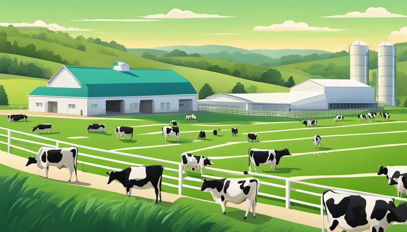 A bustling dairy farm with rows of cows grazing in a lush green pasture, while a sleek modern creamery facility stands in the background