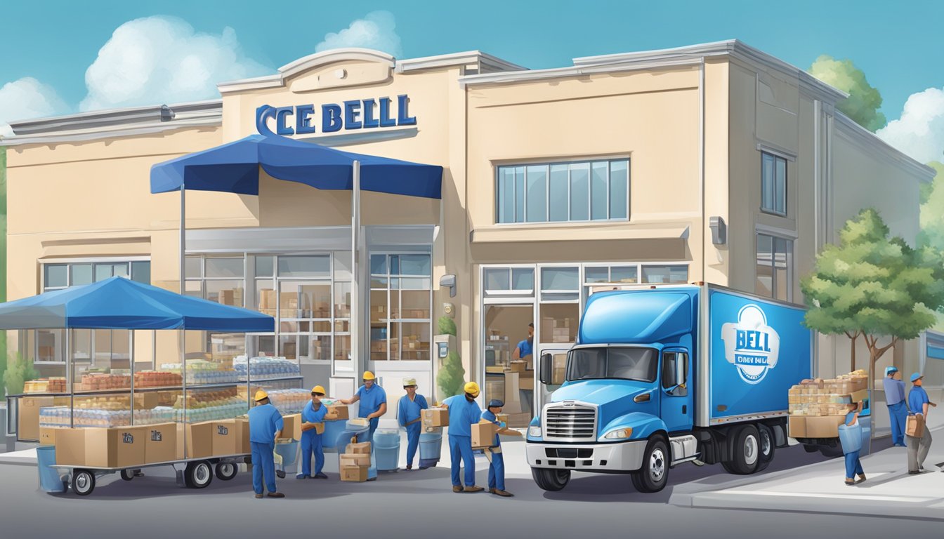 A bustling ice cream factory with workers packaging and loading Blue Bell products onto delivery trucks