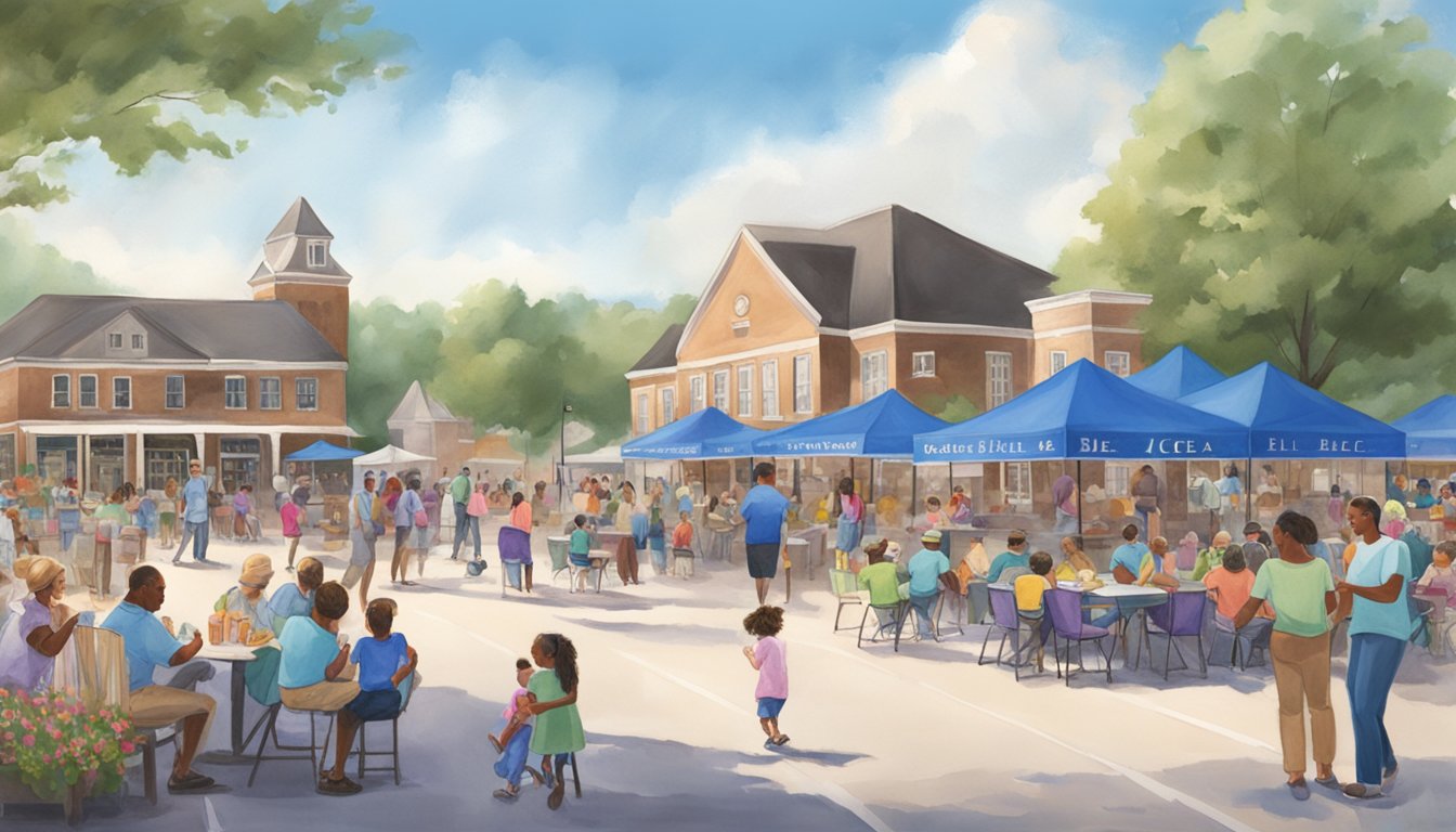 A bustling town square filled with families enjoying Blue Bell ice cream at a community event in Sylacauga, Alabama. Tables, music, and laughter fill the air