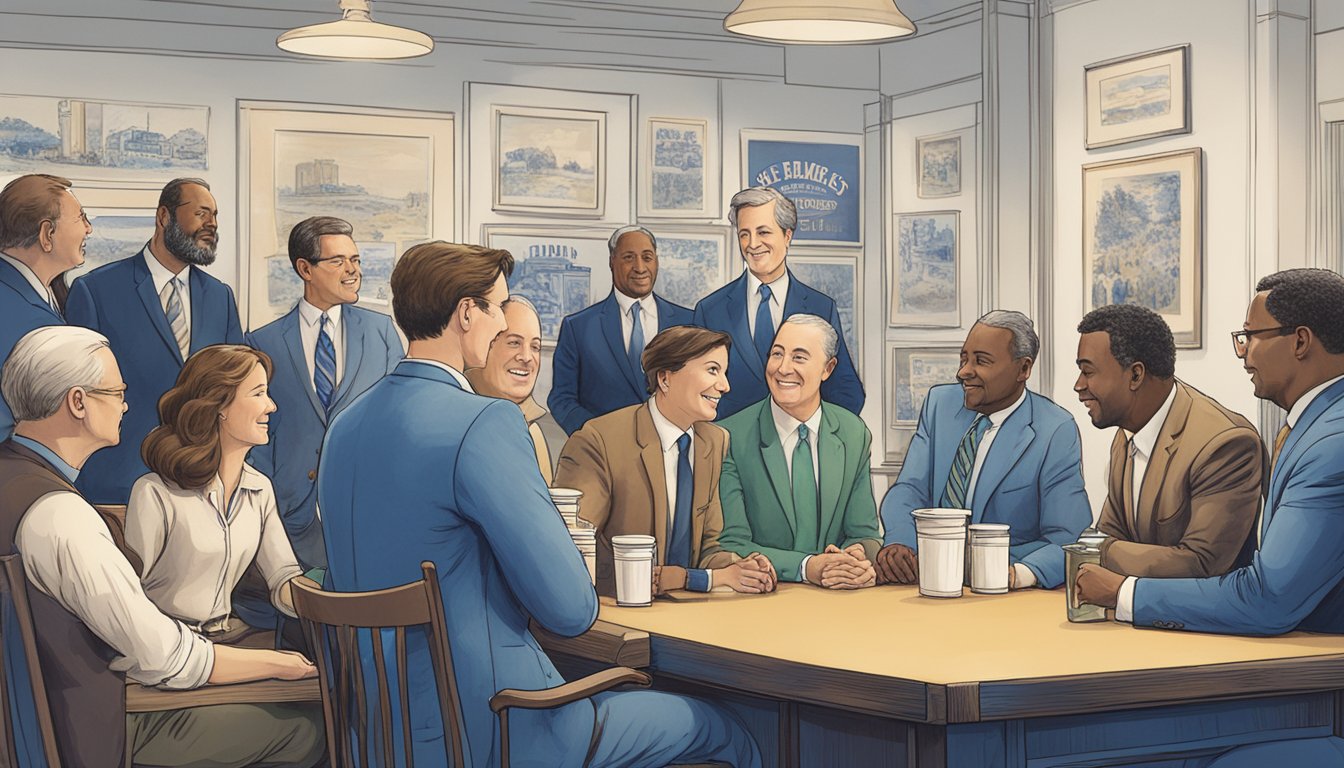 A group of corporate leaders gather around a table, with the Blue Bell Creameries logo prominently displayed on the wall behind them