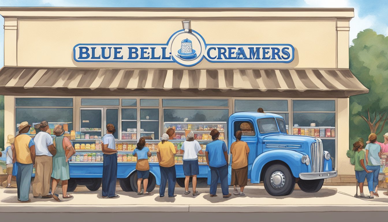 A blue bell creameries truck parked outside a grocery store in Sylacauga, Alabama, with people lined up to purchase ice cream