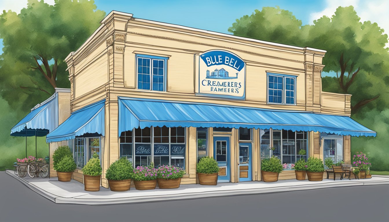 A quaint storefront with a bright blue sign reading "Blue Bell Creameries" in Sylacauga, Alabama. The building is surrounded by lush greenery and a clear blue sky