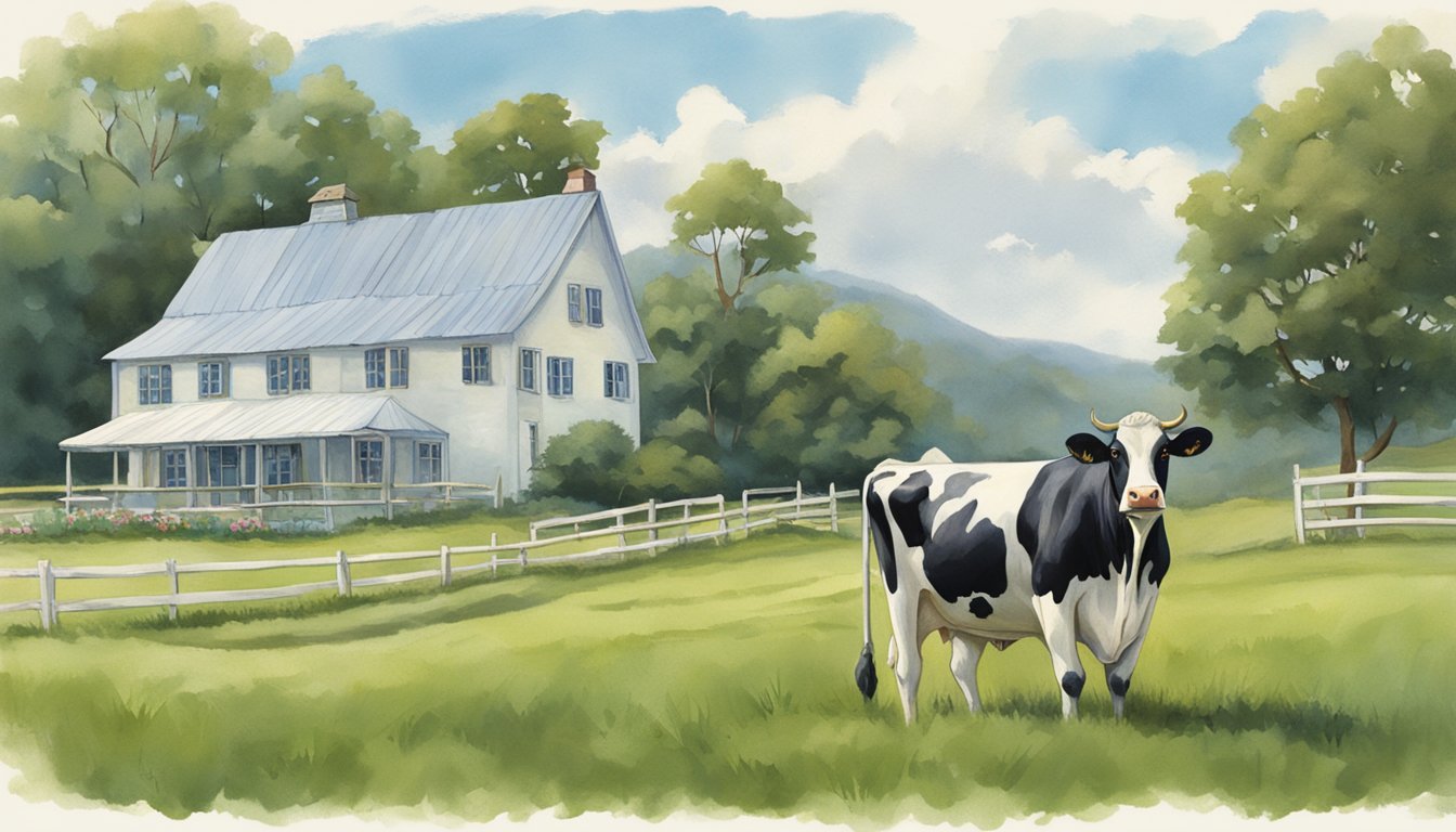 A large dairy cow standing in a lush green pasture, with a quaint farmhouse in the background, and a sign reading "Blue Bell Creameries" prominently displayed