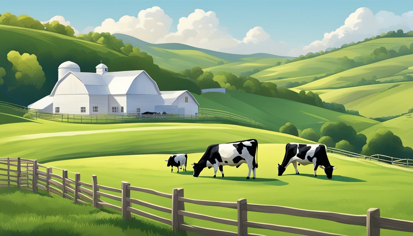 A serene dairy farm with grazing cows and a quaint creamery building nestled among rolling green hills