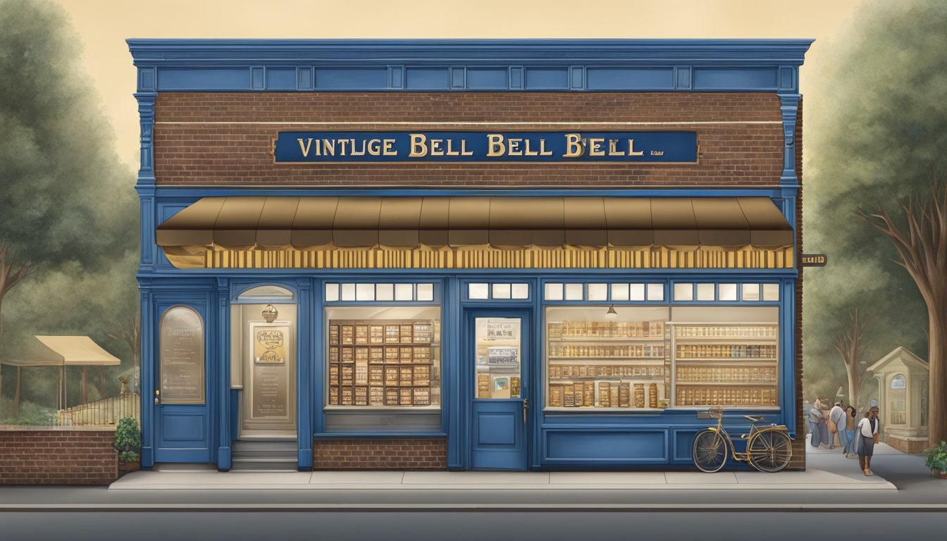 A vintage blue bell creamery storefront with a history timeline displayed on the wall