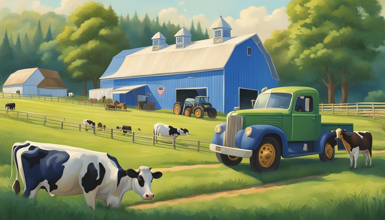 A sunny farm with cows grazing in green fields, a quaint blue barn with a "Career Opportunities" sign, and a blue bell creameries truck parked nearby