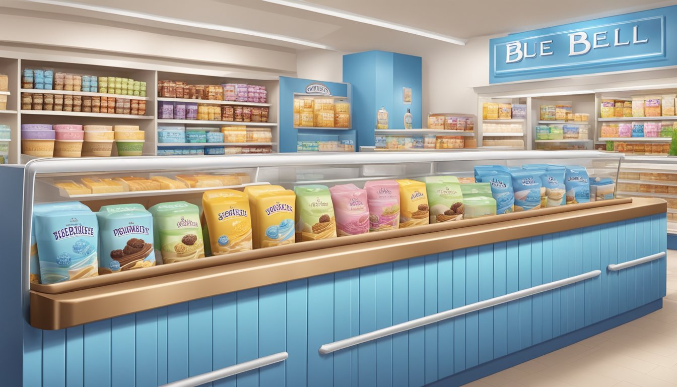 A colorful display of Blue Bell ice cream products and flavors arranged on a clean, modern counter in a bright, inviting store