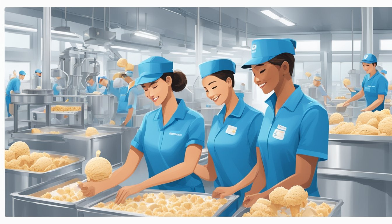 A group of employees in blue uniforms work together in a clean and organized ice cream production facility, surrounded by images and symbols representing the company's values and culture