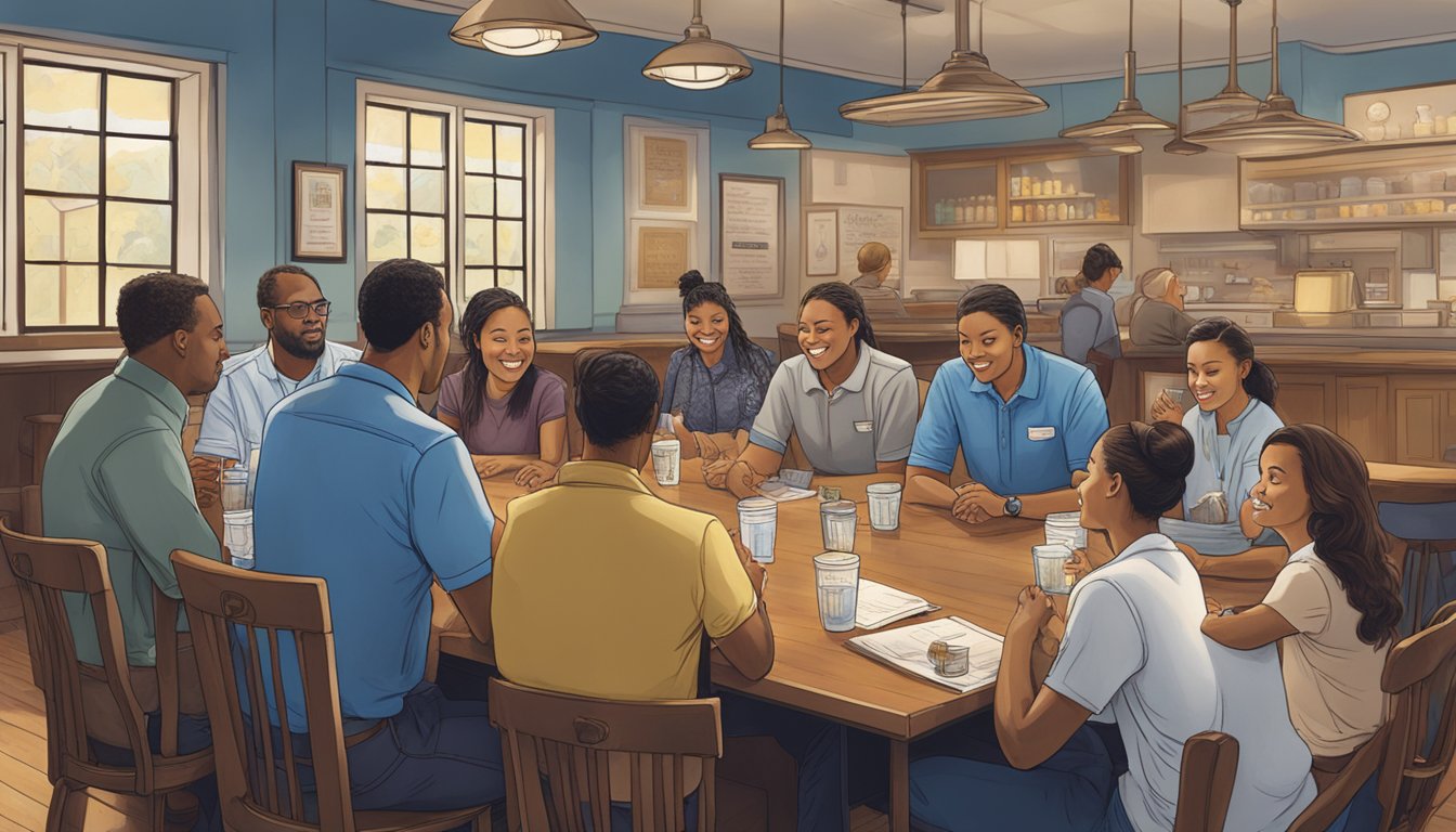 A group of employees gather around a table, discussing and reviewing their experiences working at Blue Bell Creameries