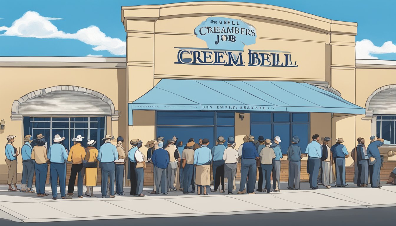 A line of hopeful job applicants waits outside the Blue Bell Creameries building, resumes in hand, under the bright blue sky