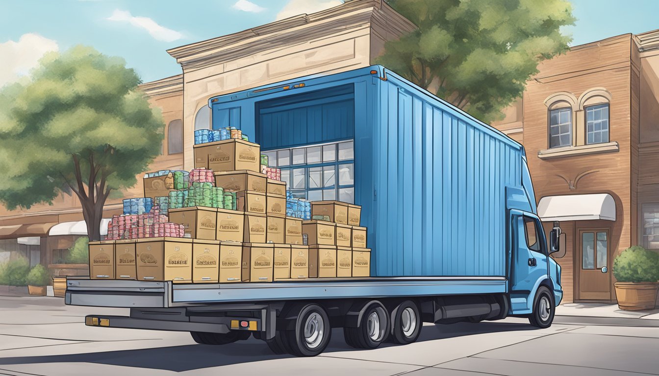 A delivery truck unloading crates of Blue Bell ice cream at a grocery store