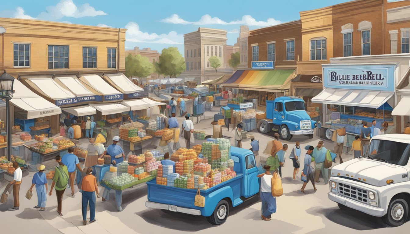 A bustling market with vendors selling Blue Bell Creameries products, surrounded by distribution trucks and colorful signage