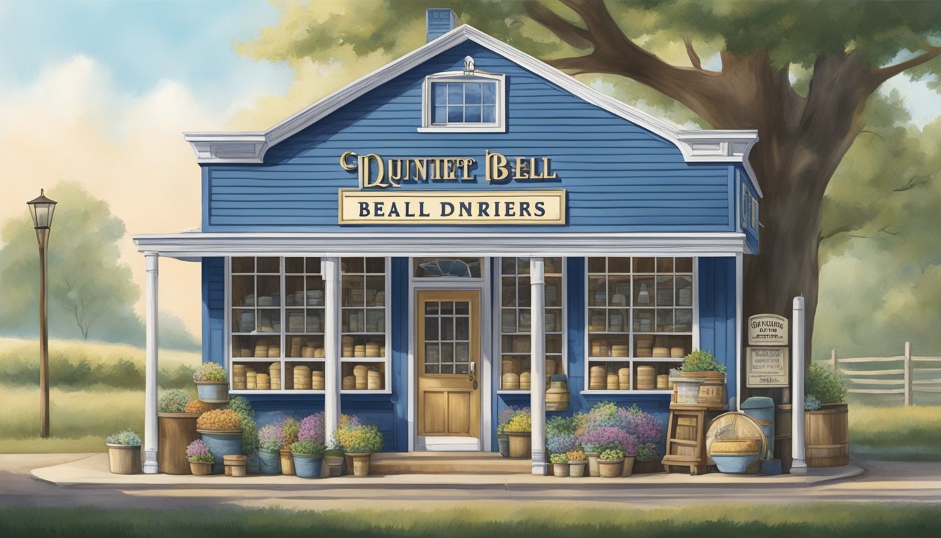 A quaint country store with a vintage blue bell creameries distributor outside