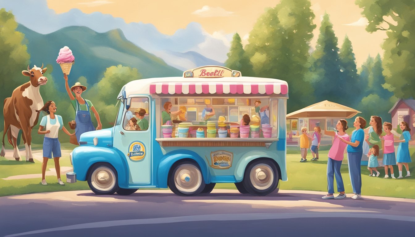 A cheerful cow mascot stands beside a vintage ice cream truck, surrounded by happy families enjoying Blue Bell ice cream