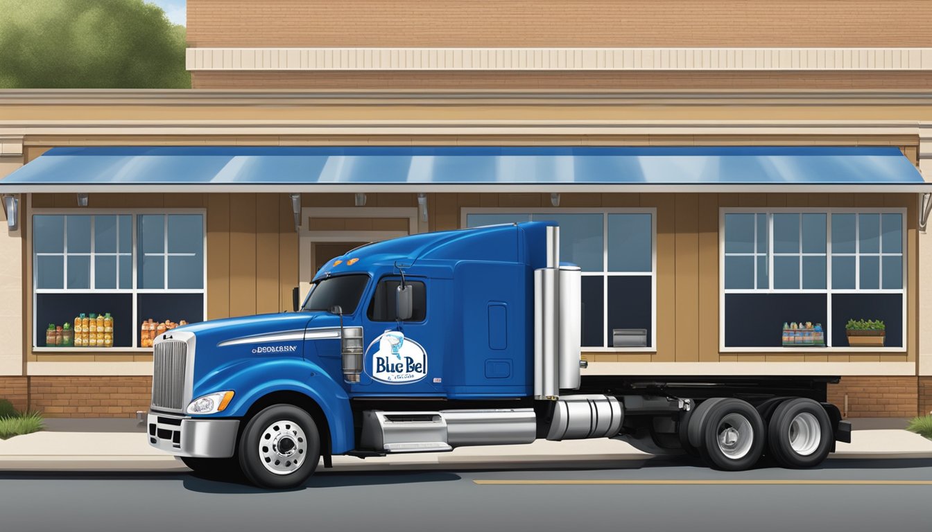 A blue bell creameries distributor truck parked outside a grocery store, with the brand logo prominently displayed on the vehicle