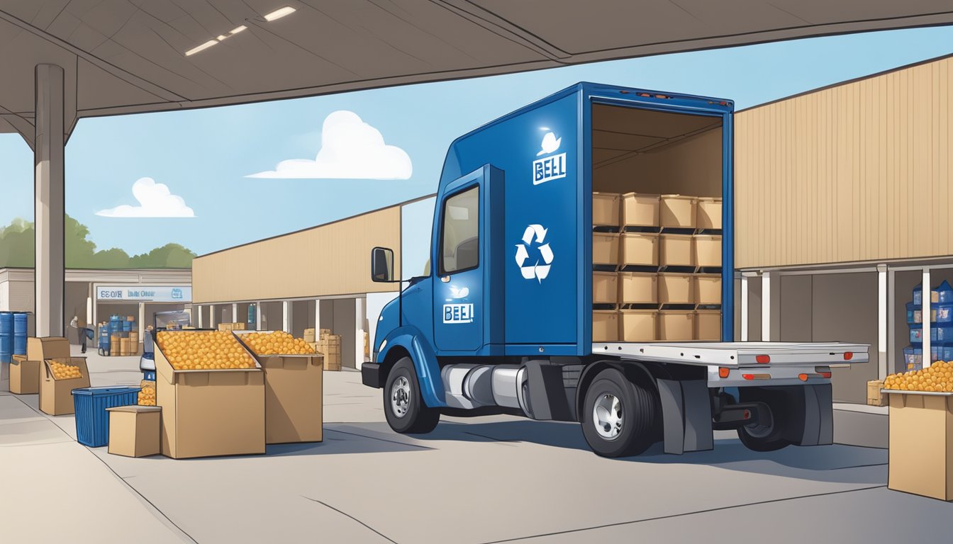 A delivery truck unloading blue bell creameries products at a grocery store with a focus on recycling bins and eco-friendly packaging