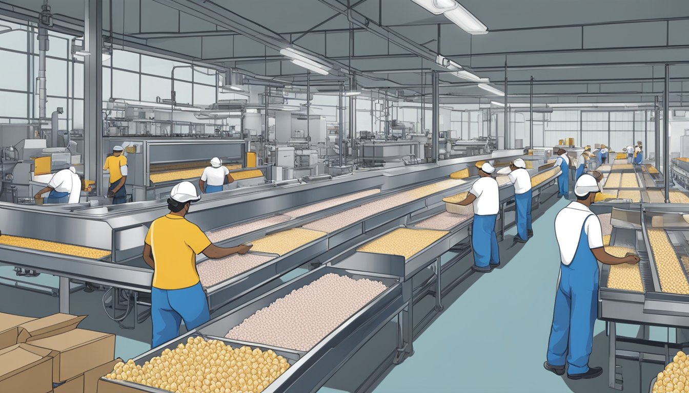 A bustling factory floor with workers packaging ice cream tubs and operating machinery at Blue Bell Creameries