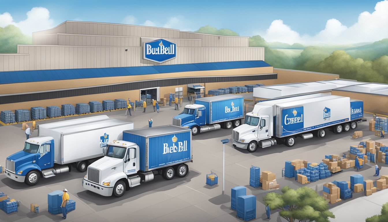 A bustling distribution center with Blue Bell Creameries trucks loading and unloading products amid a backdrop of blue and white branding