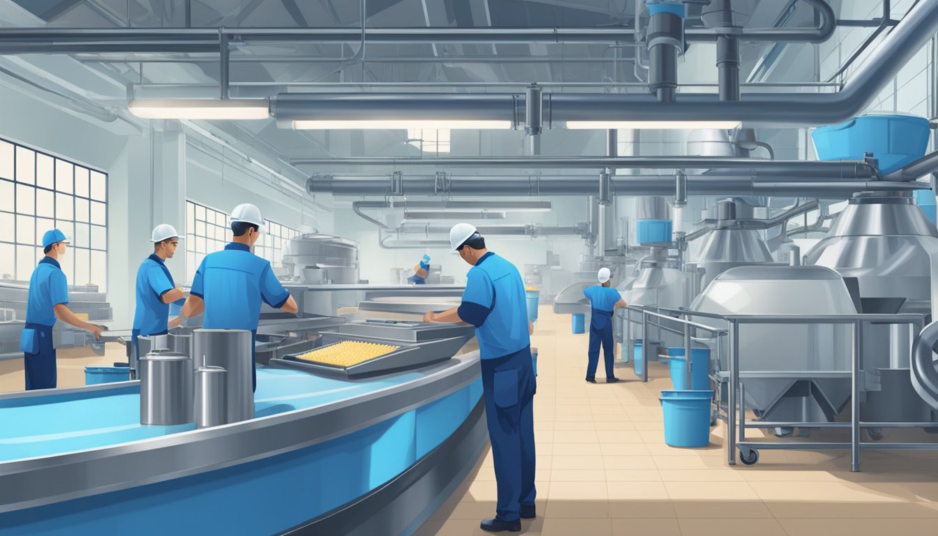 Workers in blue uniforms operate machinery in a brightly lit creamery. Conveyor belts and large vats fill the space