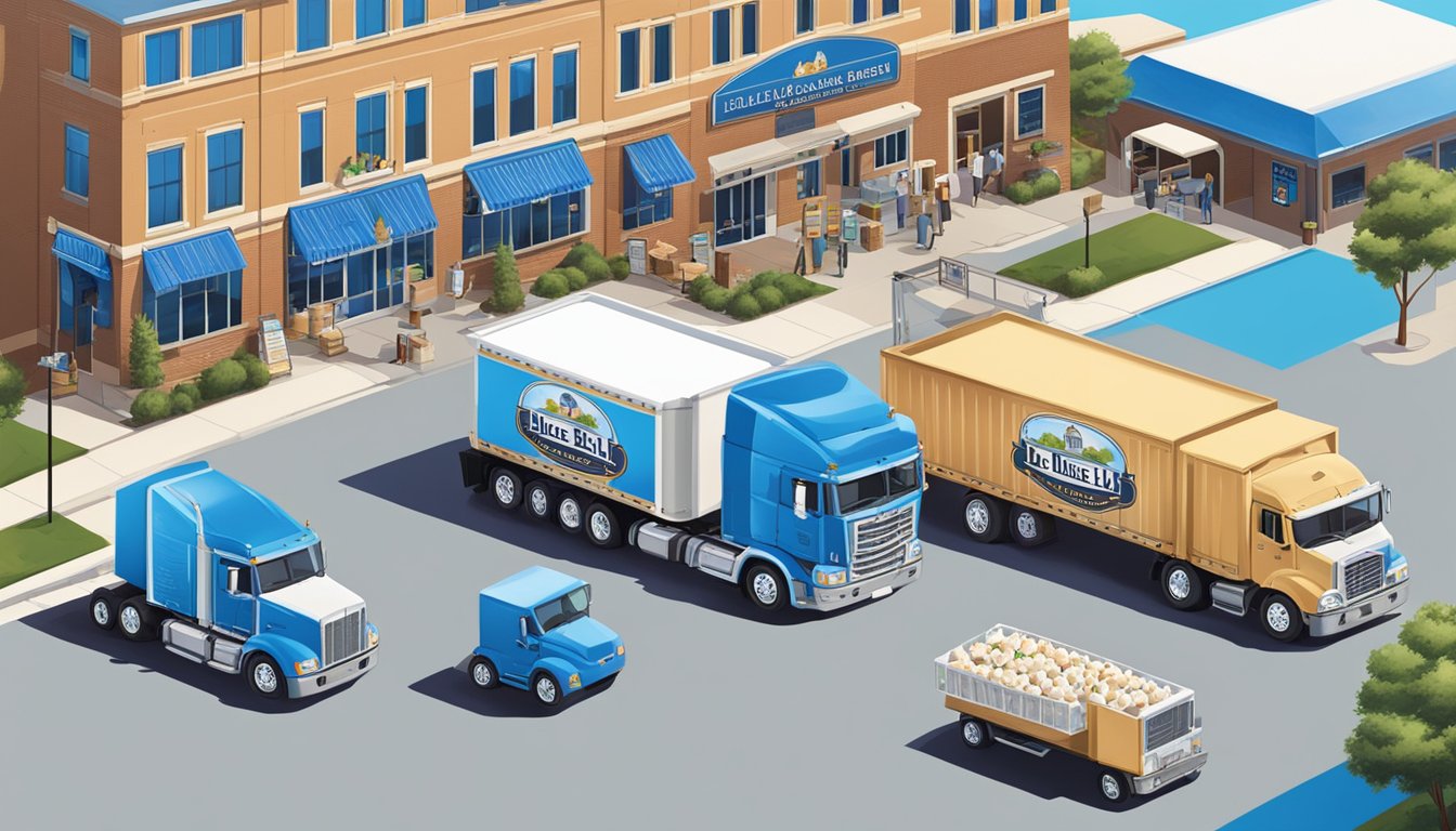 The Alvin Distribution Branch of Blue Bell Creameries, with trucks loading and unloading crates of ice cream under the bright blue sky