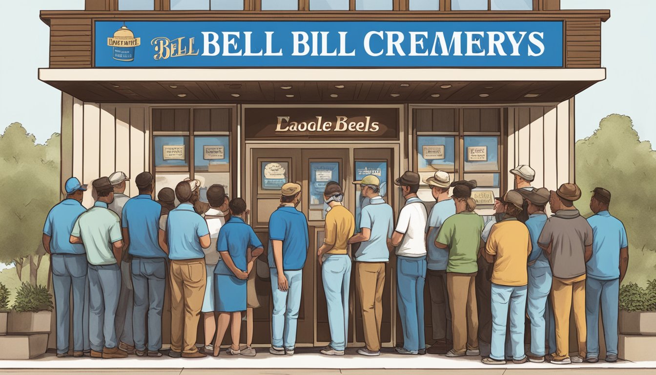 A line of people waiting outside Blue Bell Creameries, with a sign detailing the application process and requirements