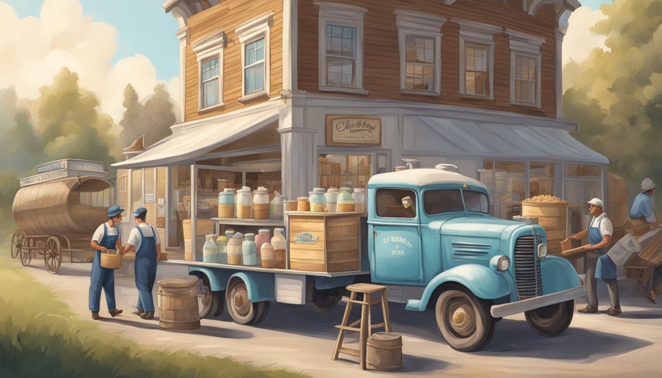 A vintage milk truck parked outside a small creamery with workers churning ice cream in large vats